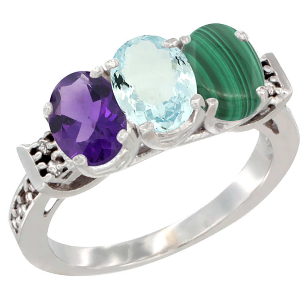 10K White Gold Natural Amethyst, Aquamarine &amp; Malachite Ring 3-Stone Oval 7x5 mm Diamond Accent, sizes 5 - 10