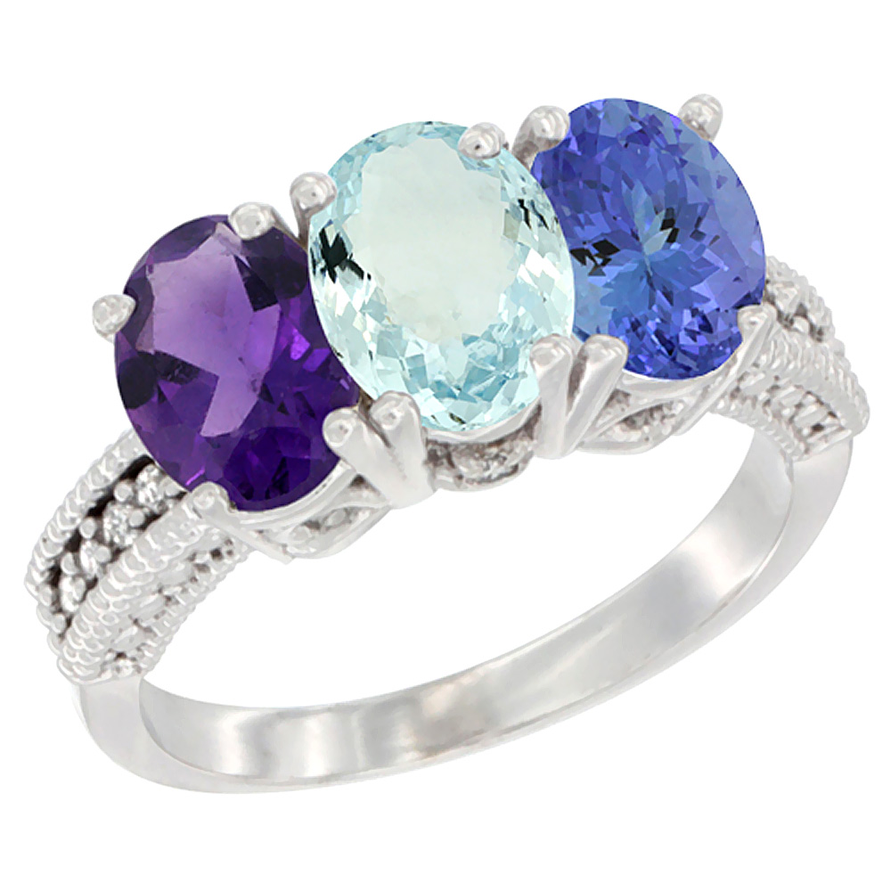 14K White Gold Natural Amethyst, Aquamarine & Tanzanite Ring 3-Stone 7x5 mm Oval Diamond Accent, sizes 5 - 10