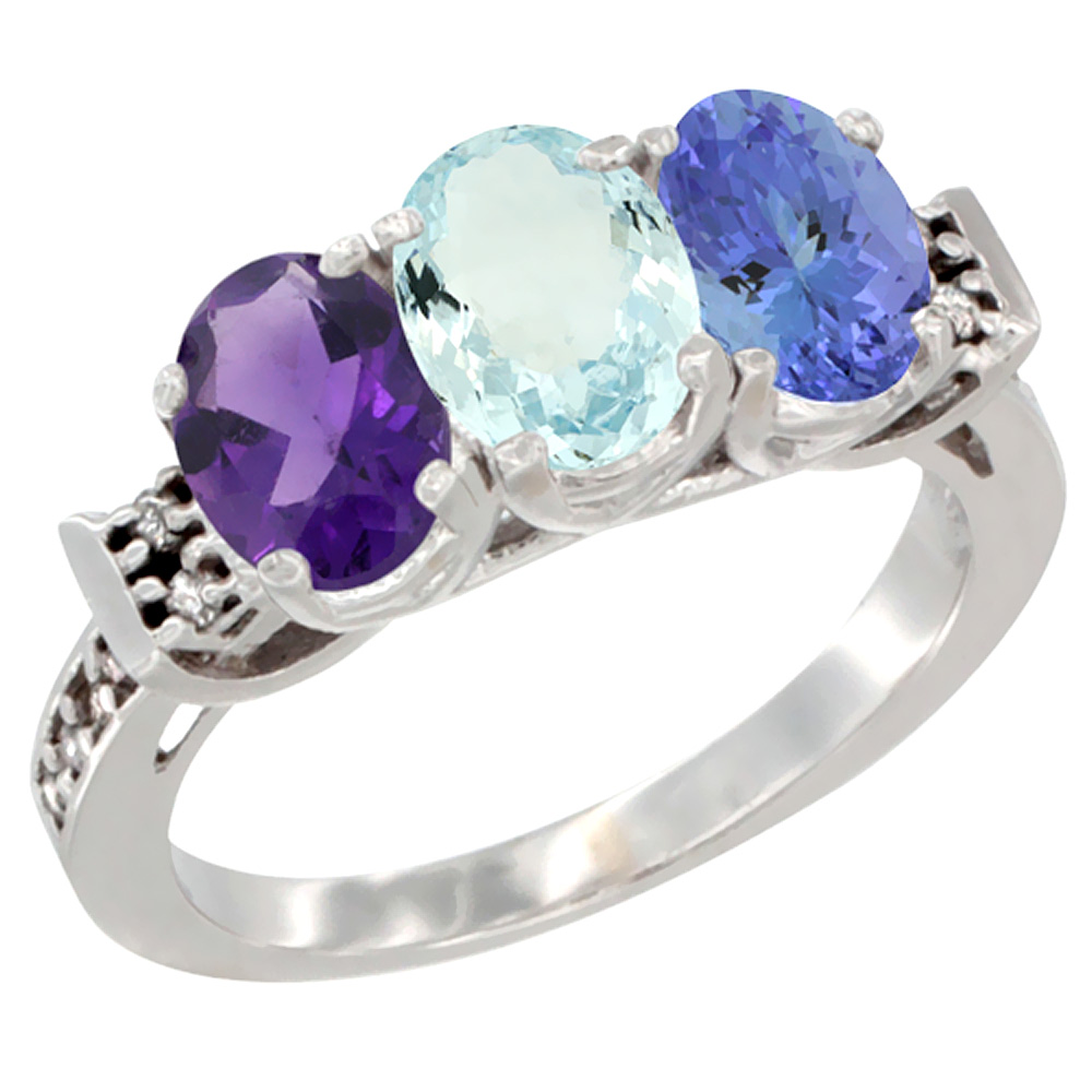 14K White Gold Natural Amethyst, Aquamarine & Tanzanite Ring 3-Stone 7x5 mm Oval Diamond Accent, sizes 5 - 10