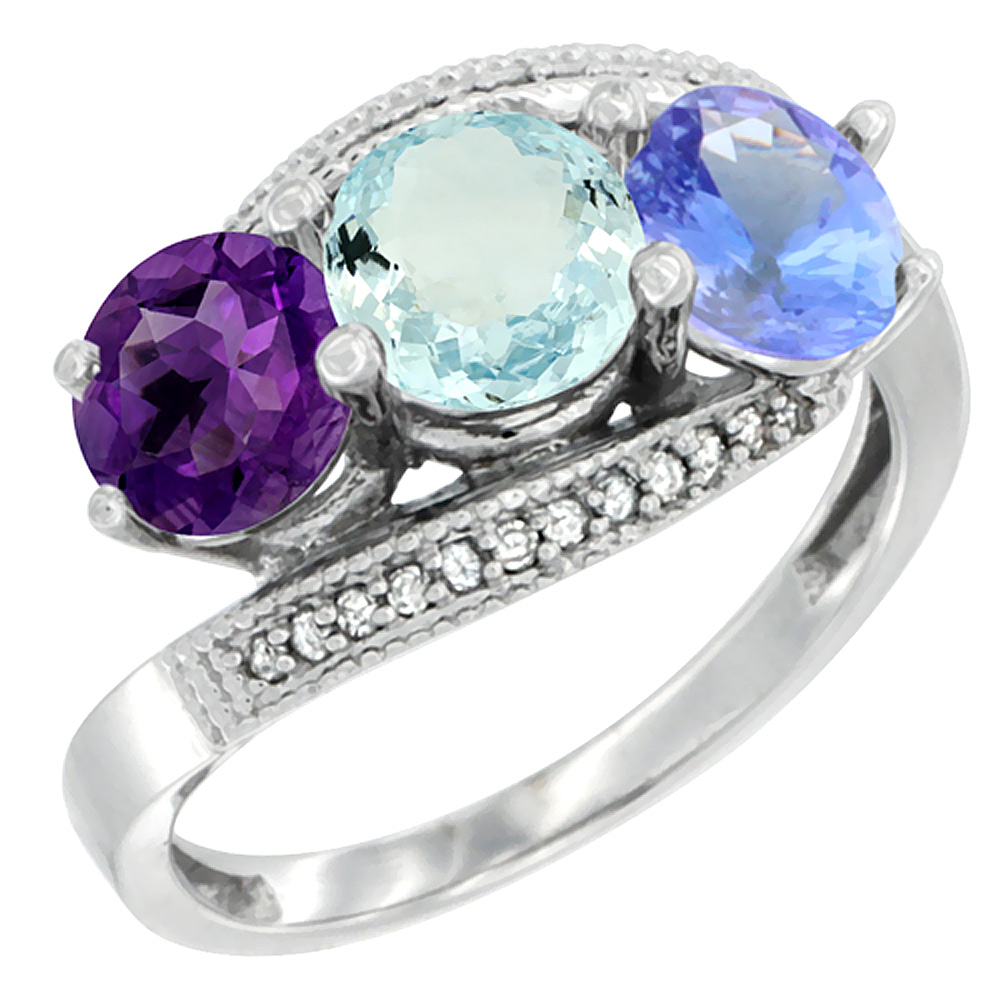 10K White Gold Natural Amethyst, Aquamarine & Tanzanite 3 stone Ring Round 6mm Diamond Accent, sizes 5 - 10