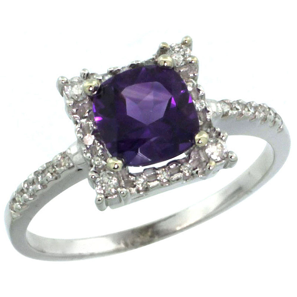 14K White Gold Natural Amethyst Ring Cushion-cut 6x6mm Diamond Halo, sizes 5-10