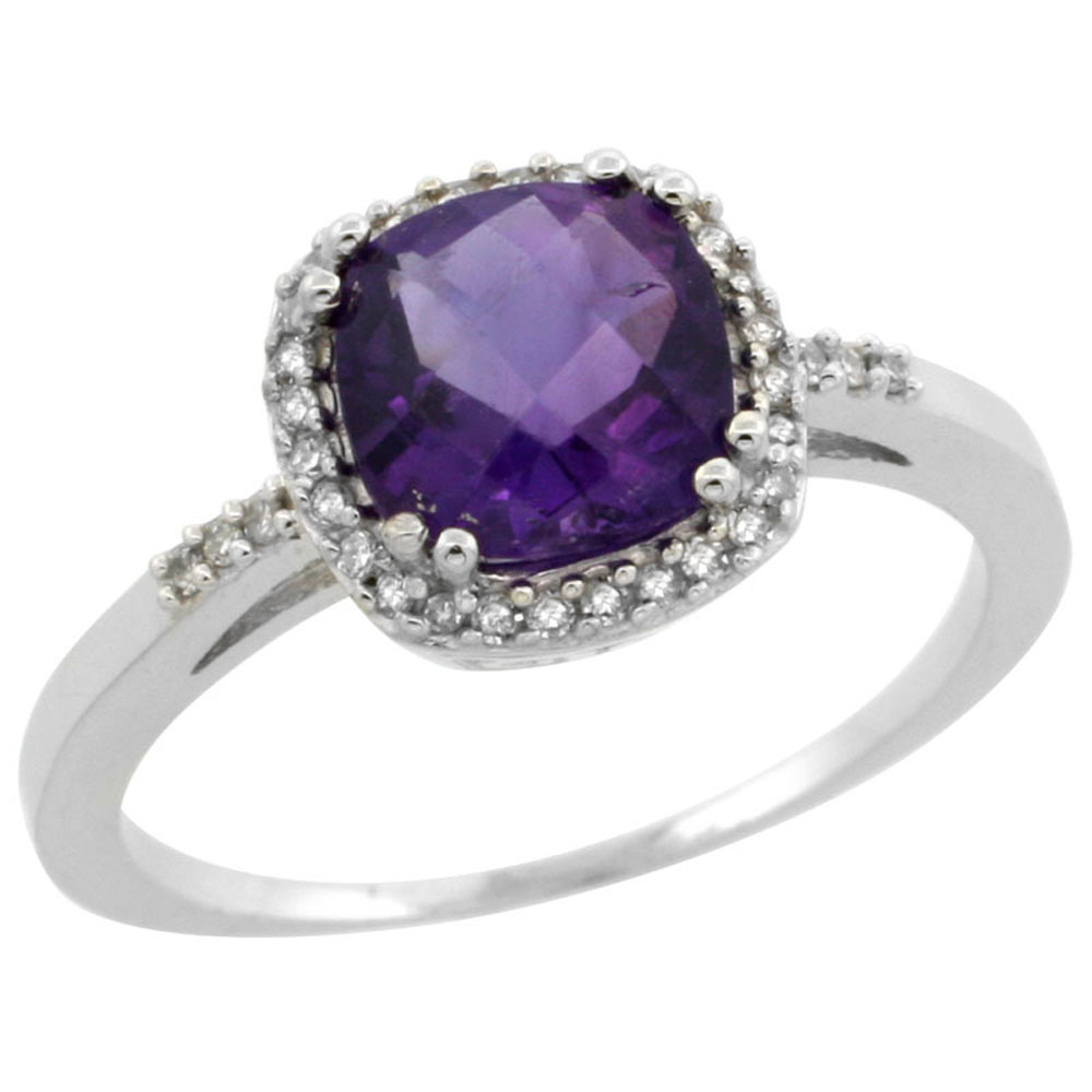 14K White Gold Diamond Natural Amethyst Ring Cushion-cut 7x7mm, sizes 5-10