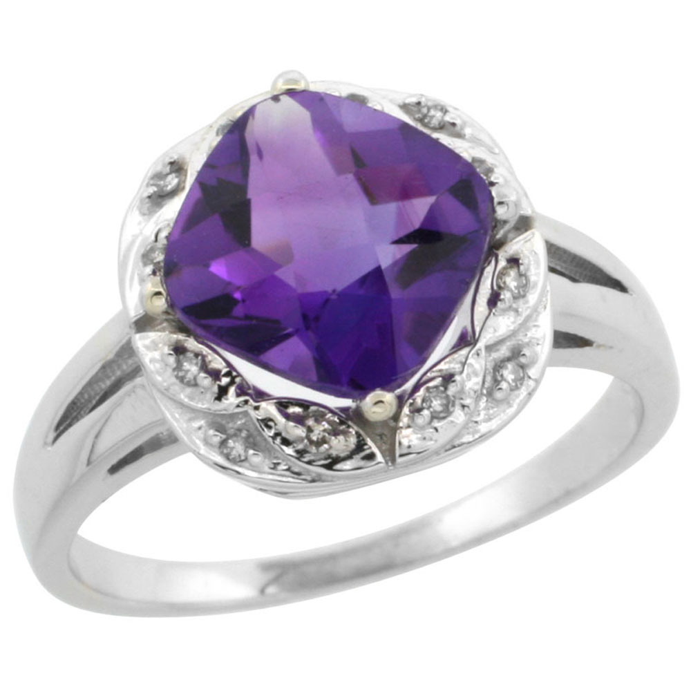 14K White Gold Natural Amethyst Ring Cushion-cut 8x8mm Diamond Halo, sizes 5-10