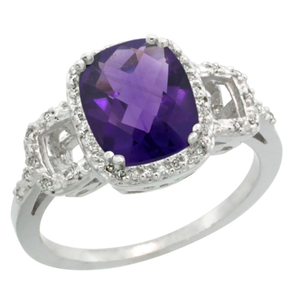 14K White Gold Diamond Natural Amethyst Ring Cushion-cut 9x7mm, sizes 5-10