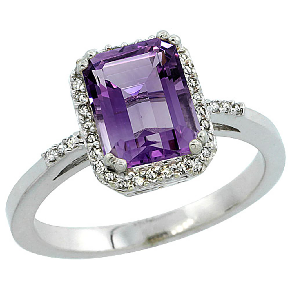 14K White Gold Diamond Natural Amethyst Ring Emerald-cut 8x6mm, sizes 5-10