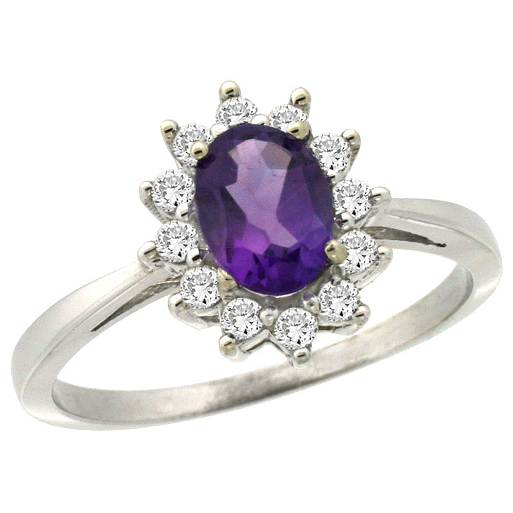 10k White Gold Diamond Halo Genuine Amethyst Engagement Ring Oval 7x5mm sizes 5-10