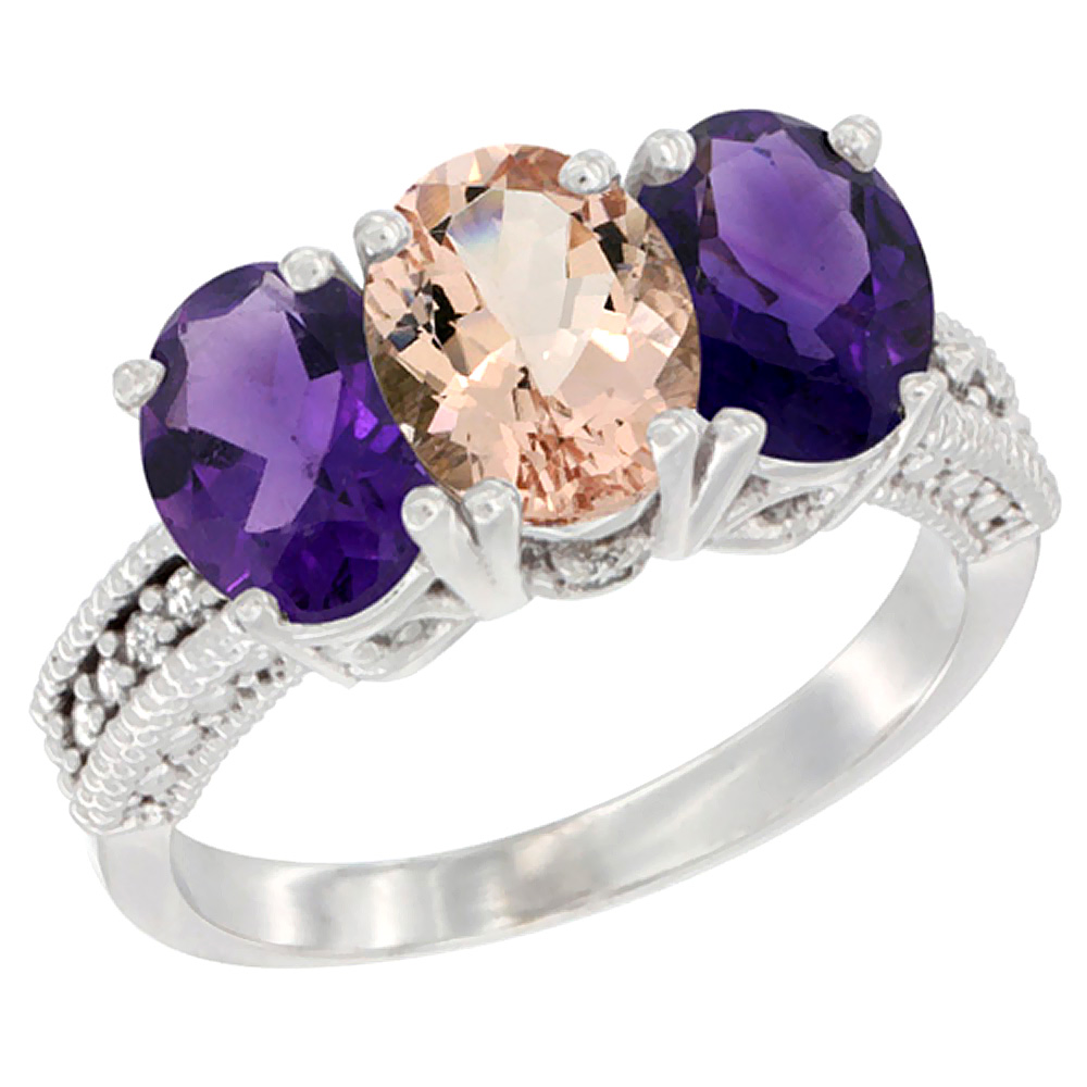 14K White Gold Natural Morganite &amp; Amethyst Ring 3-Stone 7x5 mm Oval Diamond Accent, sizes 5 - 10