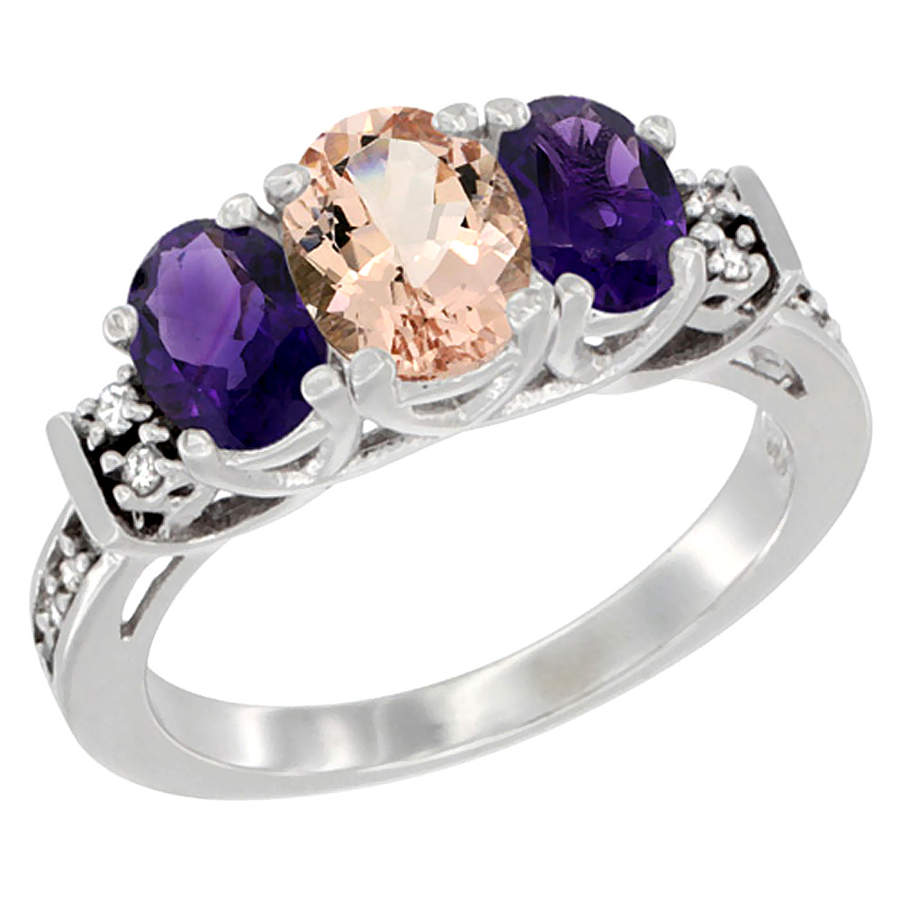 14K White Gold Natural Morganite &amp; Amethyst Ring 3-Stone Oval Diamond Accent, sizes 5-10