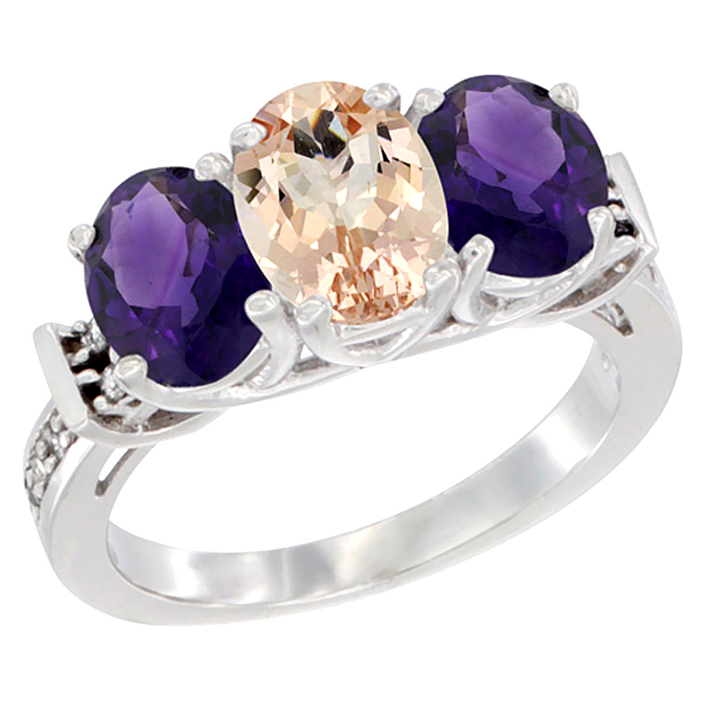 10K White Gold Natural Morganite &amp; Amethyst Sides Ring 3-Stone Oval Diamond Accent, sizes 5 - 10