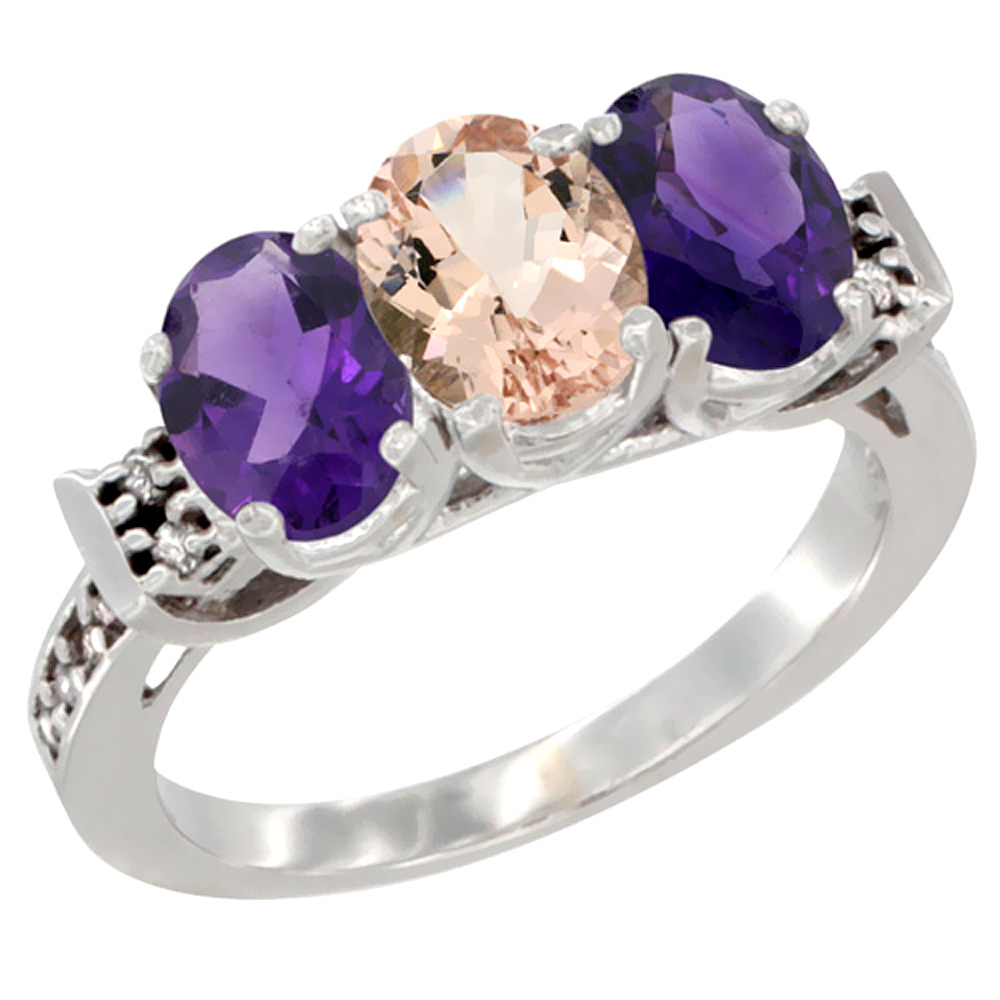 14K White Gold Natural Morganite & Amethyst Sides Ring 3-Stone 7x5 mm Oval Diamond Accent, sizes 5 - 10