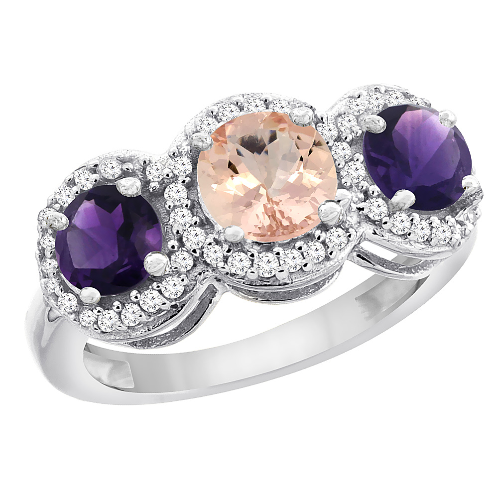 10K White Gold Natural Morganite &amp; Amethyst Sides Round 3-stone Ring Diamond Accents, sizes 5 - 10