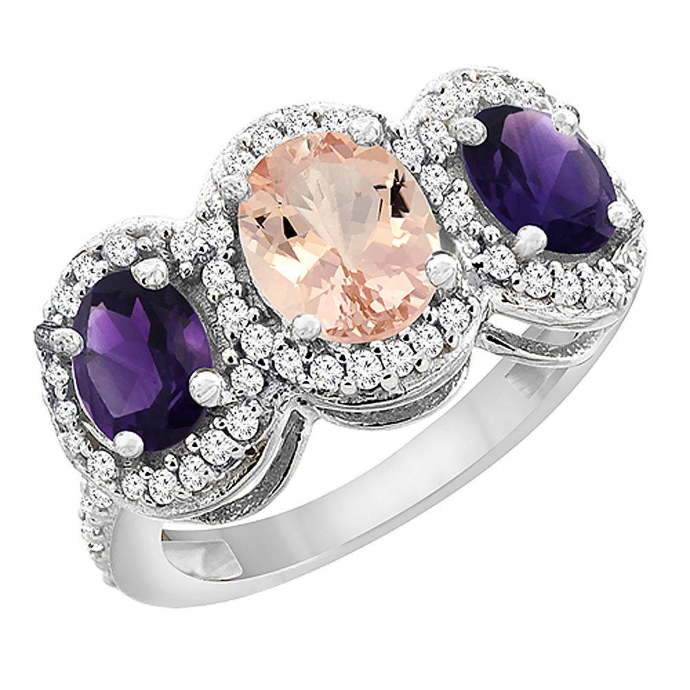 14K White Gold Natural Morganite &amp; Amethyst 3-Stone Ring Oval Diamond Accent, sizes 5 - 10