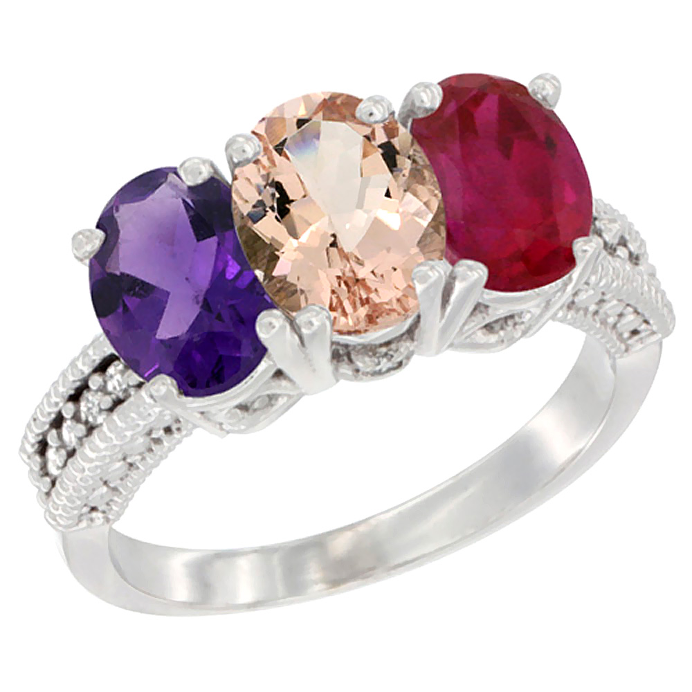 14K White Gold Natural Amethyst, Morganite & Enhanced Ruby Ring 3-Stone 7x5 mm Oval Diamond Accent, sizes 5 - 10