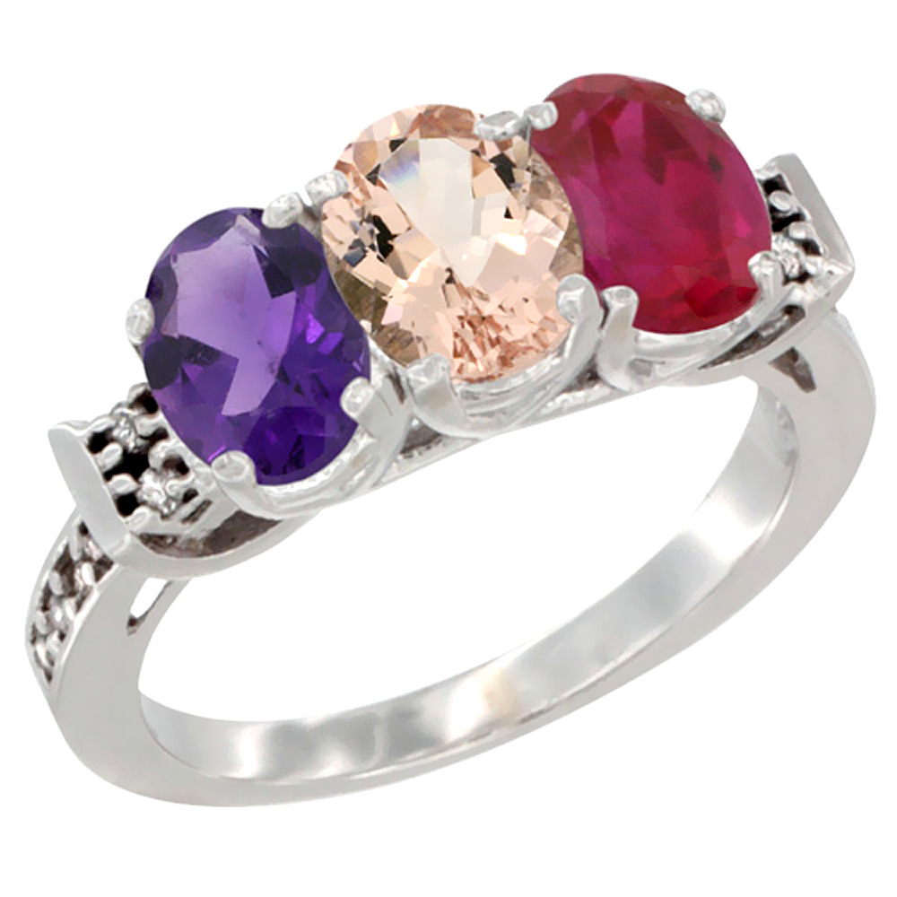 14K White Gold Natural Amethyst, Morganite &amp; Enhanced Ruby Ring 3-Stone 7x5 mm Oval Diamond Accent, sizes 5 - 10