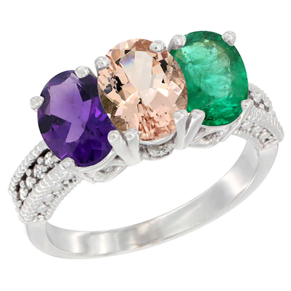 14K White Gold Natural Amethyst, Morganite &amp; Emerald Ring 3-Stone 7x5 mm Oval Diamond Accent, sizes 5 - 10