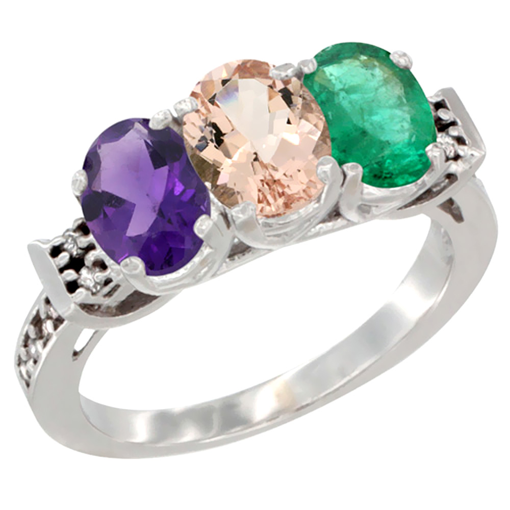 14K White Gold Natural Amethyst, Morganite & Emerald Ring 3-Stone 7x5 mm Oval Diamond Accent, sizes 5 - 10