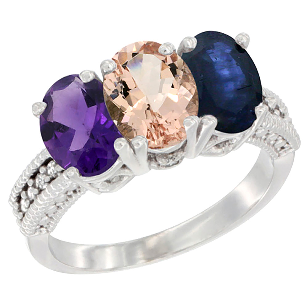 10K White Gold Natural Amethyst, Morganite &amp; Blue Sapphire Ring 3-Stone Oval 7x5 mm Diamond Accent, sizes 5 - 10