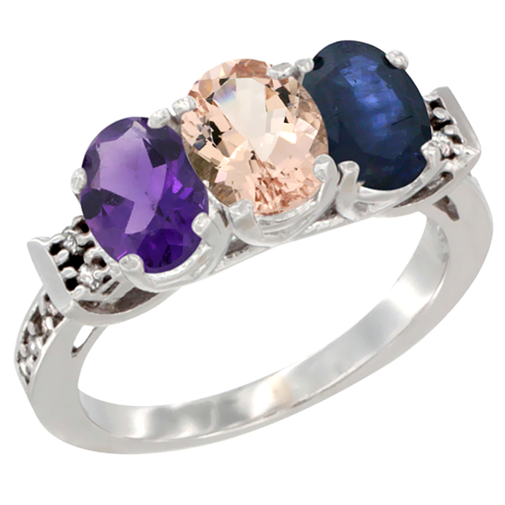 10K White Gold Natural Amethyst, Morganite & Blue Sapphire Ring 3-Stone Oval 7x5 mm Diamond Accent, sizes 5 - 10