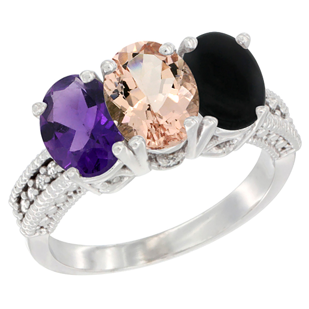 10K White Gold Natural Amethyst, Morganite &amp; Black Onyx Ring 3-Stone Oval 7x5 mm Diamond Accent, sizes 5 - 10