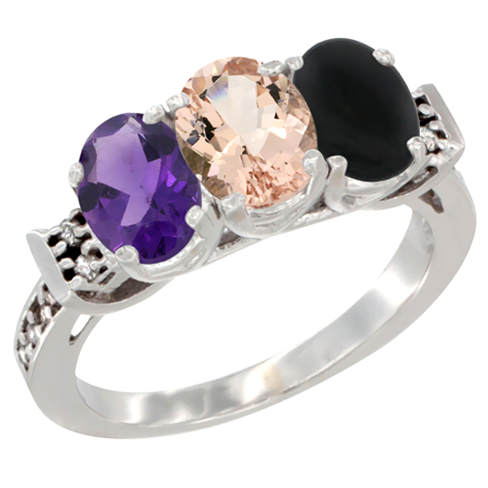 10K White Gold Natural Amethyst, Morganite & Black Onyx Ring 3-Stone Oval 7x5 mm Diamond Accent, sizes 5 - 10