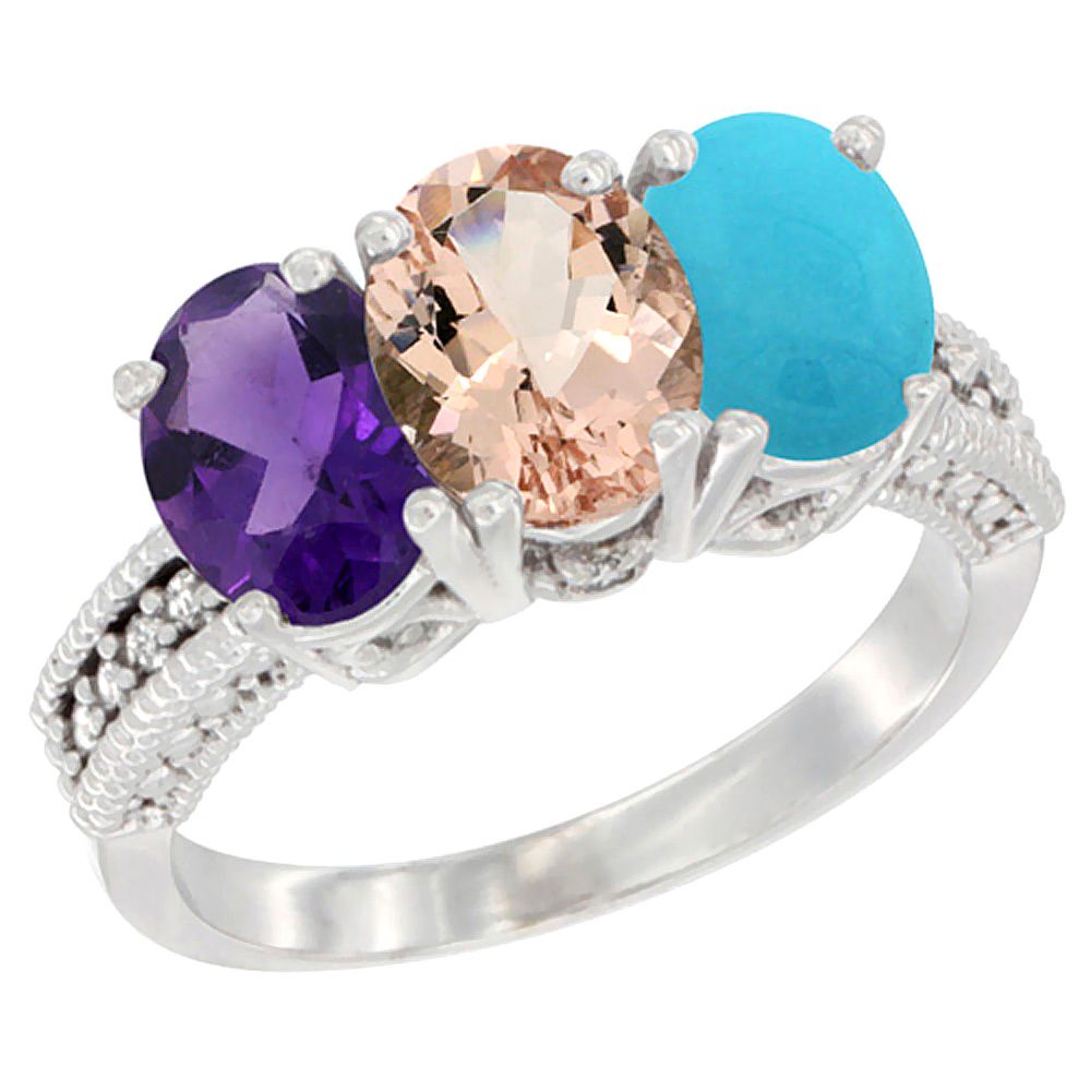 14K White Gold Natural Amethyst, Morganite & Turquoise Ring 3-Stone 7x5 mm Oval Diamond Accent, sizes 5 - 10