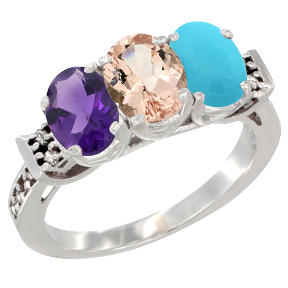 14K White Gold Natural Amethyst, Morganite & Turquoise Ring 3-Stone 7x5 mm Oval Diamond Accent, sizes 5 - 10