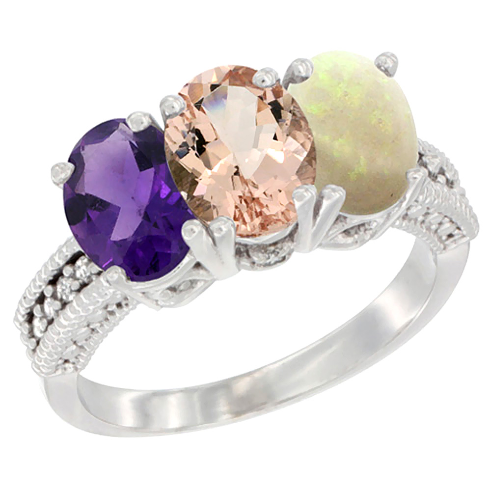 10K White Gold Natural Amethyst, Morganite &amp; Opal Ring 3-Stone Oval 7x5 mm Diamond Accent, sizes 5 - 10