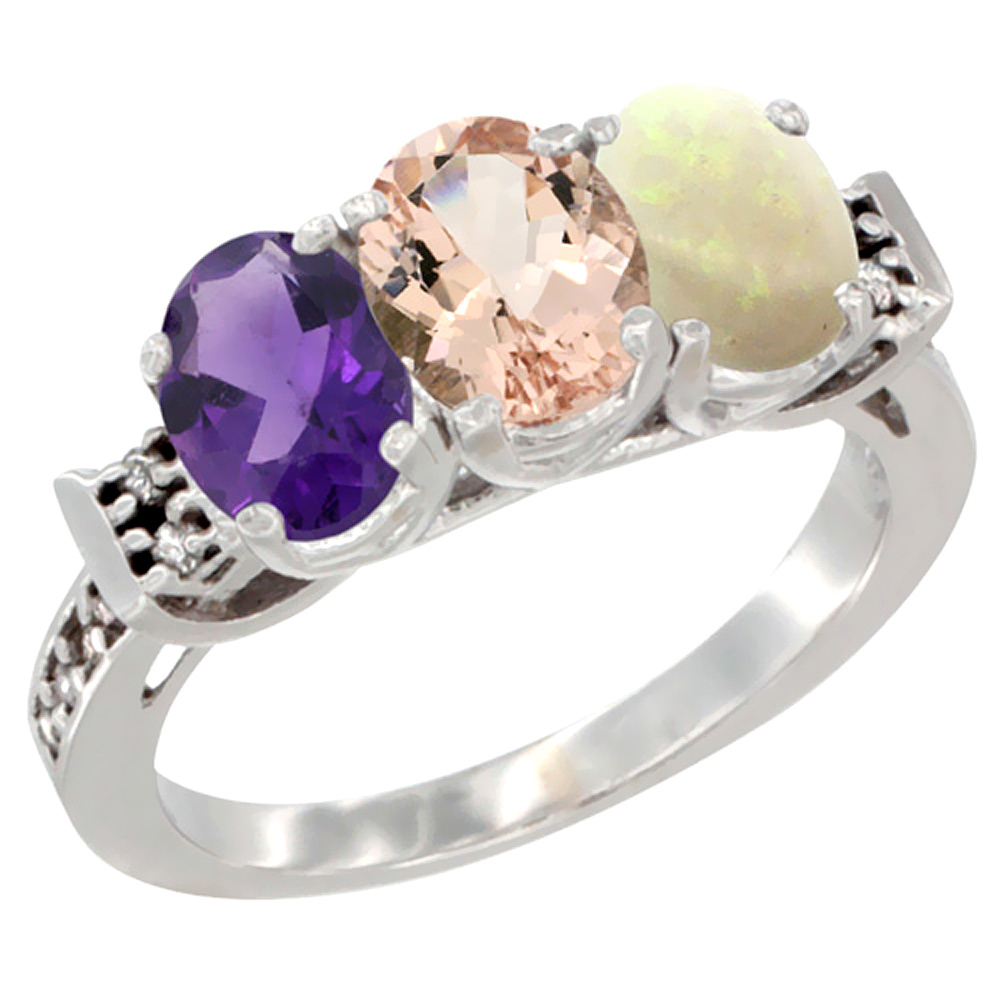 14K White Gold Natural Amethyst, Morganite &amp; Opal Ring 3-Stone 7x5 mm Oval Diamond Accent, sizes 5 - 10