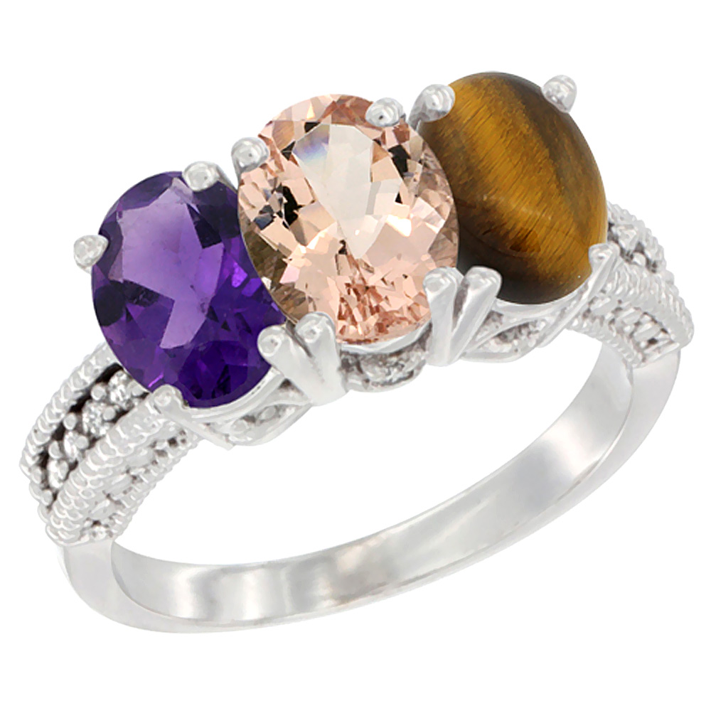 14K White Gold Natural Amethyst, Morganite & Tiger Eye Ring 3-Stone 7x5 mm Oval Diamond Accent, sizes 5 - 10