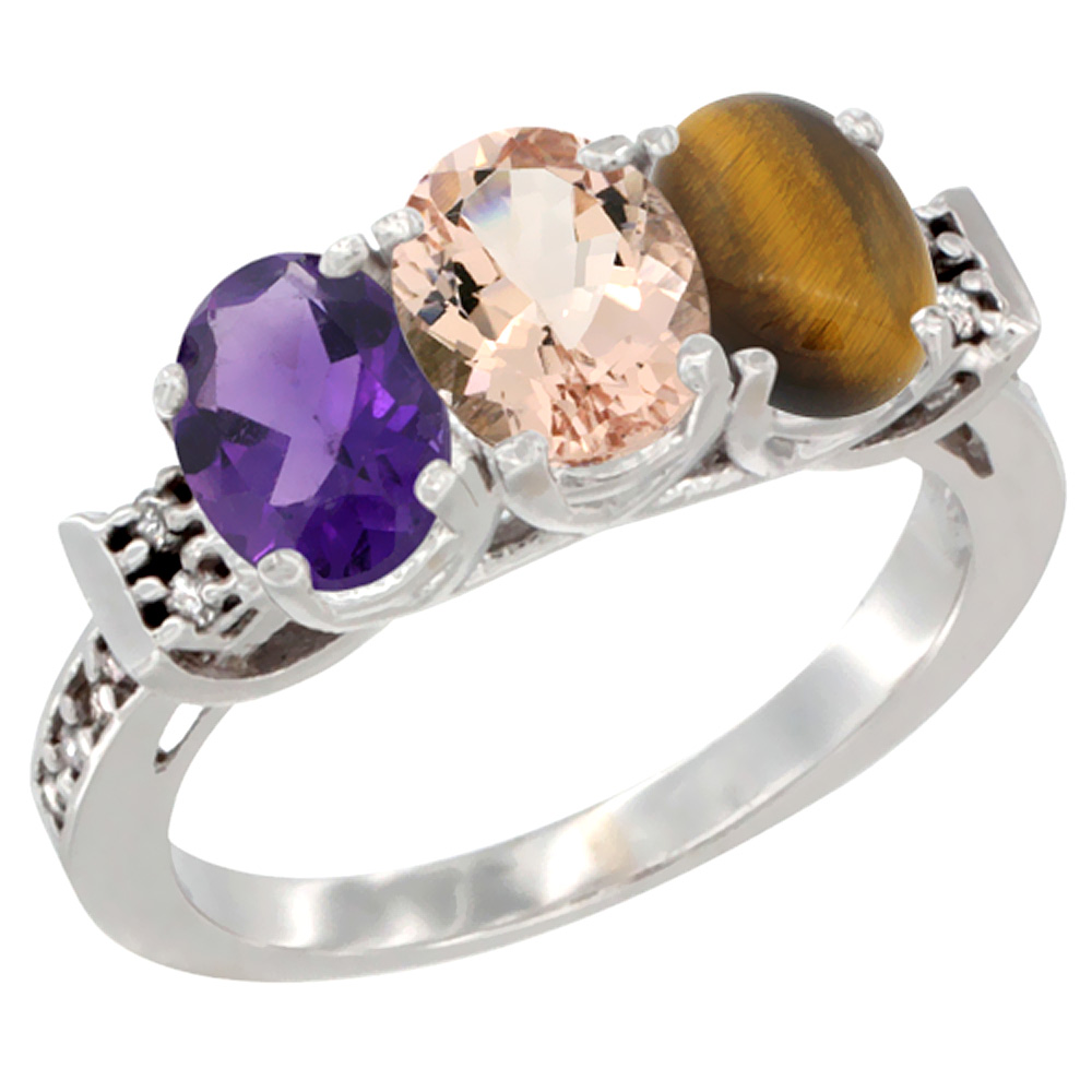 14K White Gold Natural Amethyst, Morganite &amp; Tiger Eye Ring 3-Stone 7x5 mm Oval Diamond Accent, sizes 5 - 10