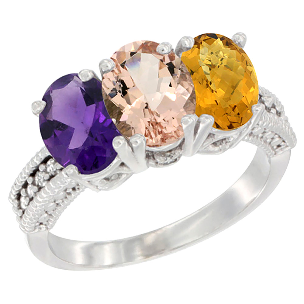 14K White Gold Natural Amethyst, Morganite &amp; Whisky Quartz Ring 3-Stone 7x5 mm Oval Diamond Accent, sizes 5 - 10