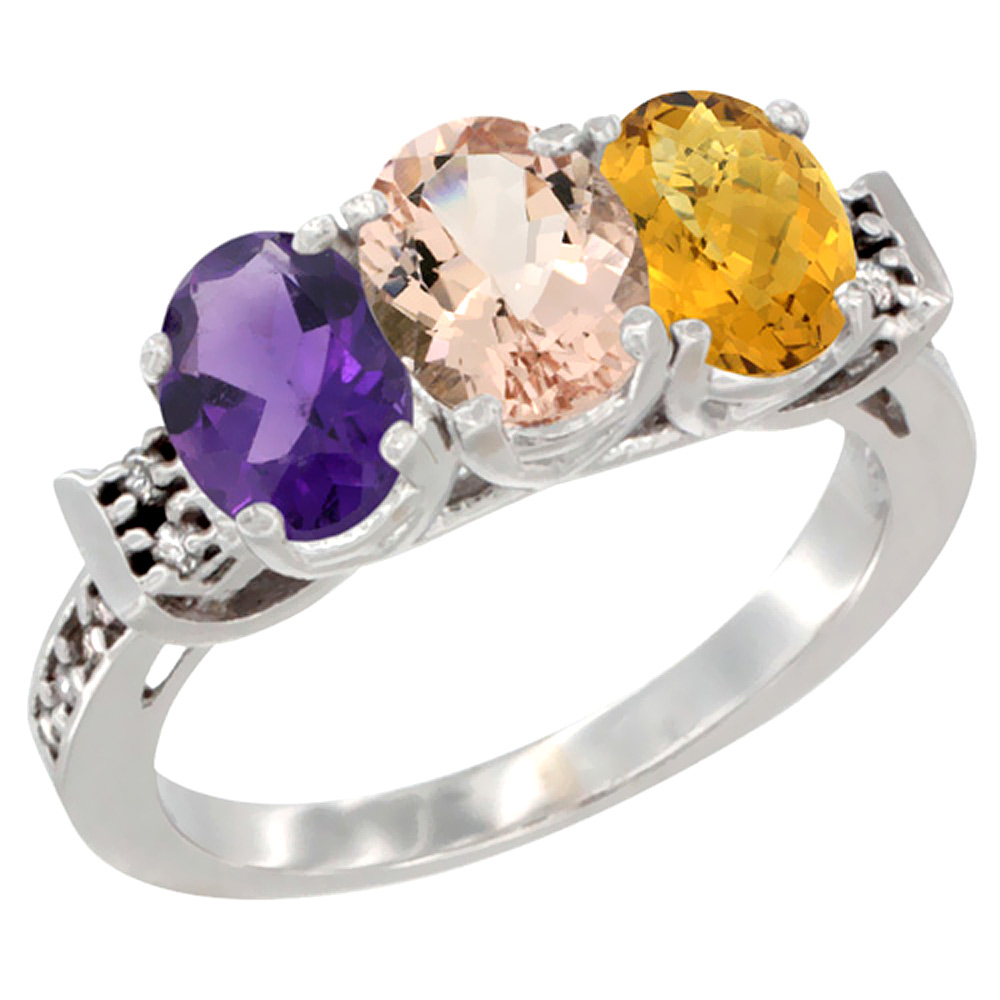 14K White Gold Natural Amethyst, Morganite & Whisky Quartz Ring 3-Stone 7x5 mm Oval Diamond Accent, sizes 5 - 10