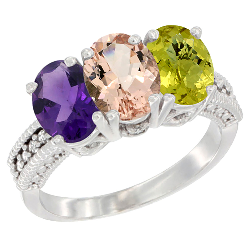 14K White Gold Natural Amethyst, Morganite &amp; Lemon Quartz Ring 3-Stone 7x5 mm Oval Diamond Accent, sizes 5 - 10