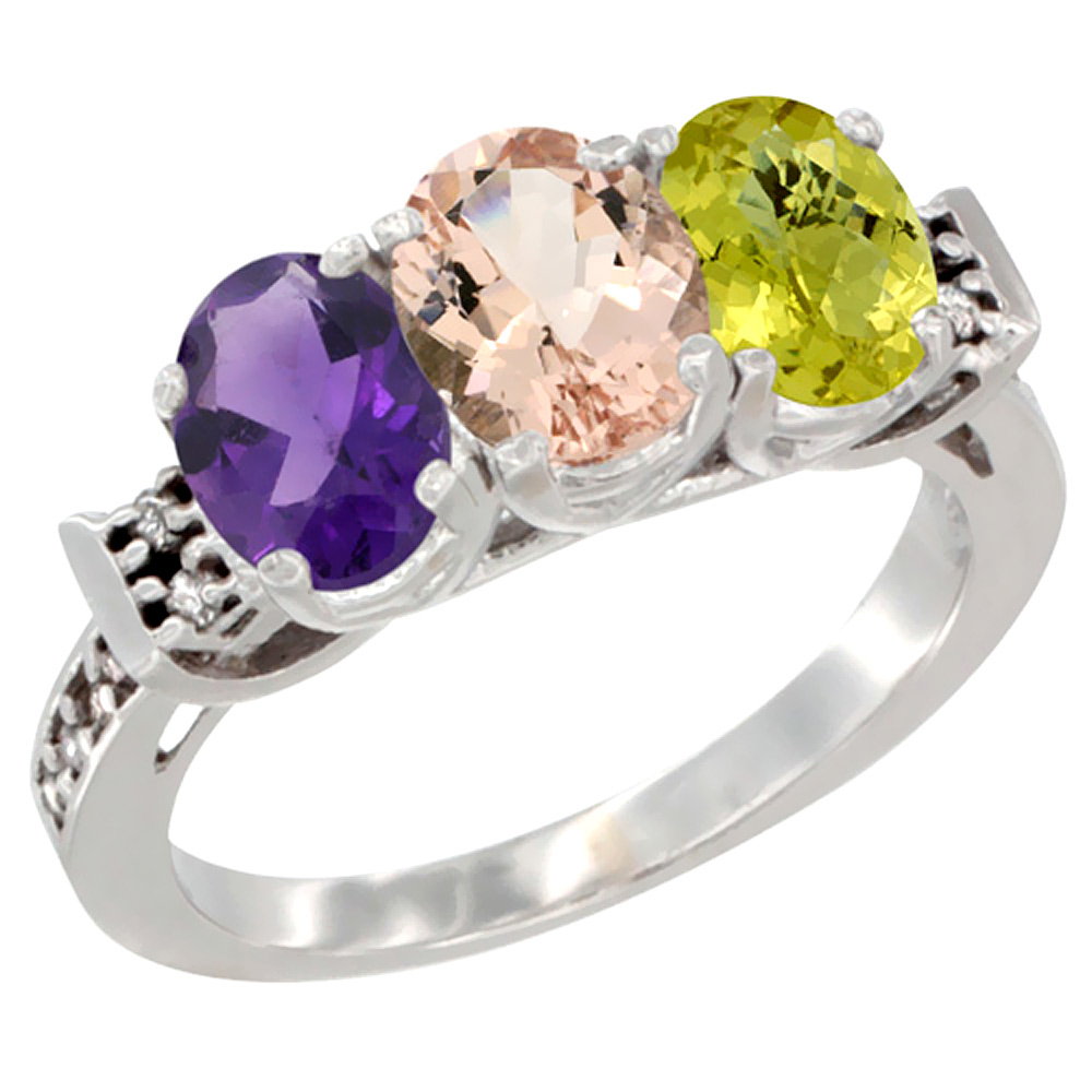 14K White Gold Natural Amethyst, Morganite & Lemon Quartz Ring 3-Stone 7x5 mm Oval Diamond Accent, sizes 5 - 10