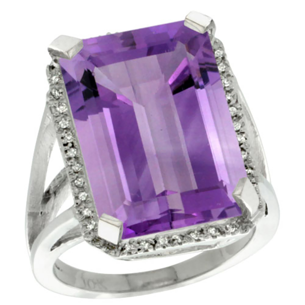 14K White Gold Natural Diamond Amethyst Ring Emerald-cut 18x13mm, sizes 5-10