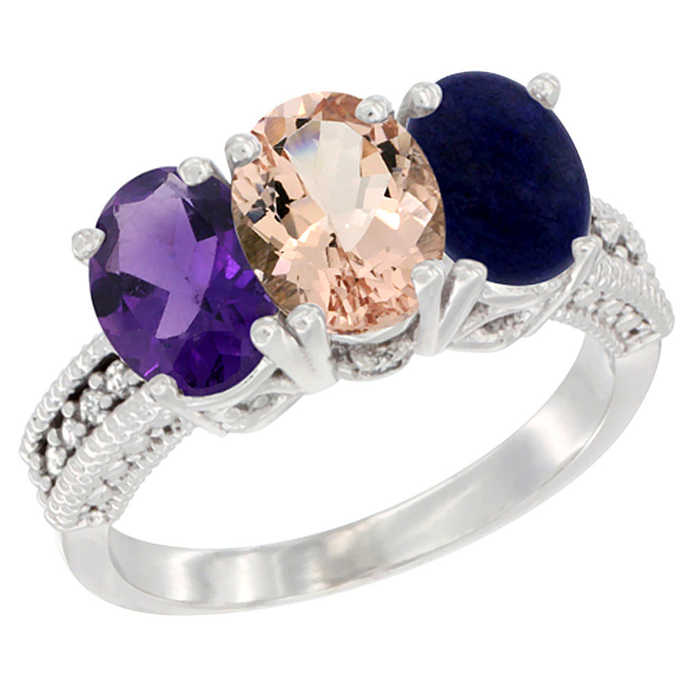 14K White Gold Natural Amethyst, Morganite & Lapis Ring 3-Stone 7x5 mm Oval Diamond Accent, sizes 5 - 10