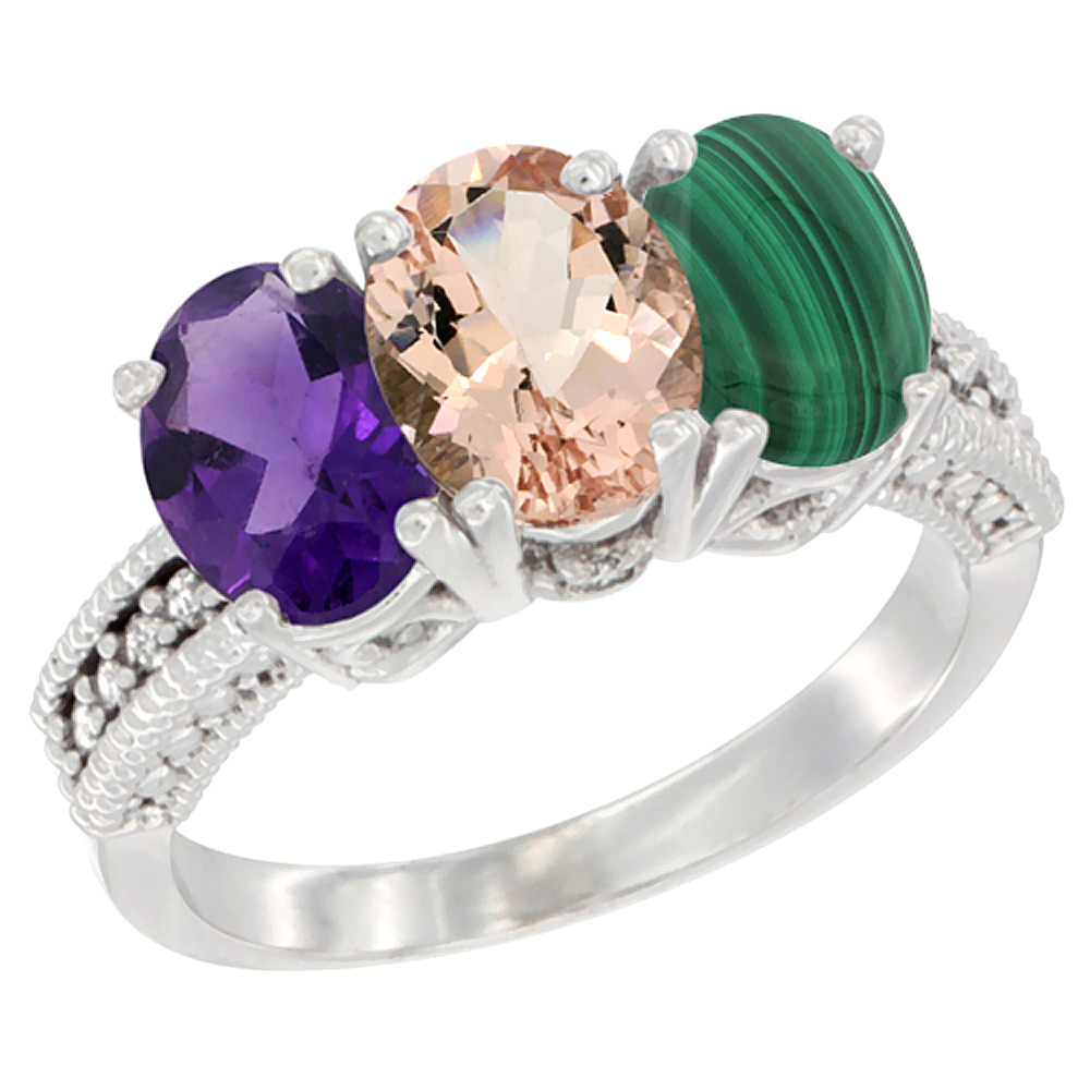 10K White Gold Natural Amethyst, Morganite & Malachite Ring 3-Stone Oval 7x5 mm Diamond Accent, sizes 5 - 10