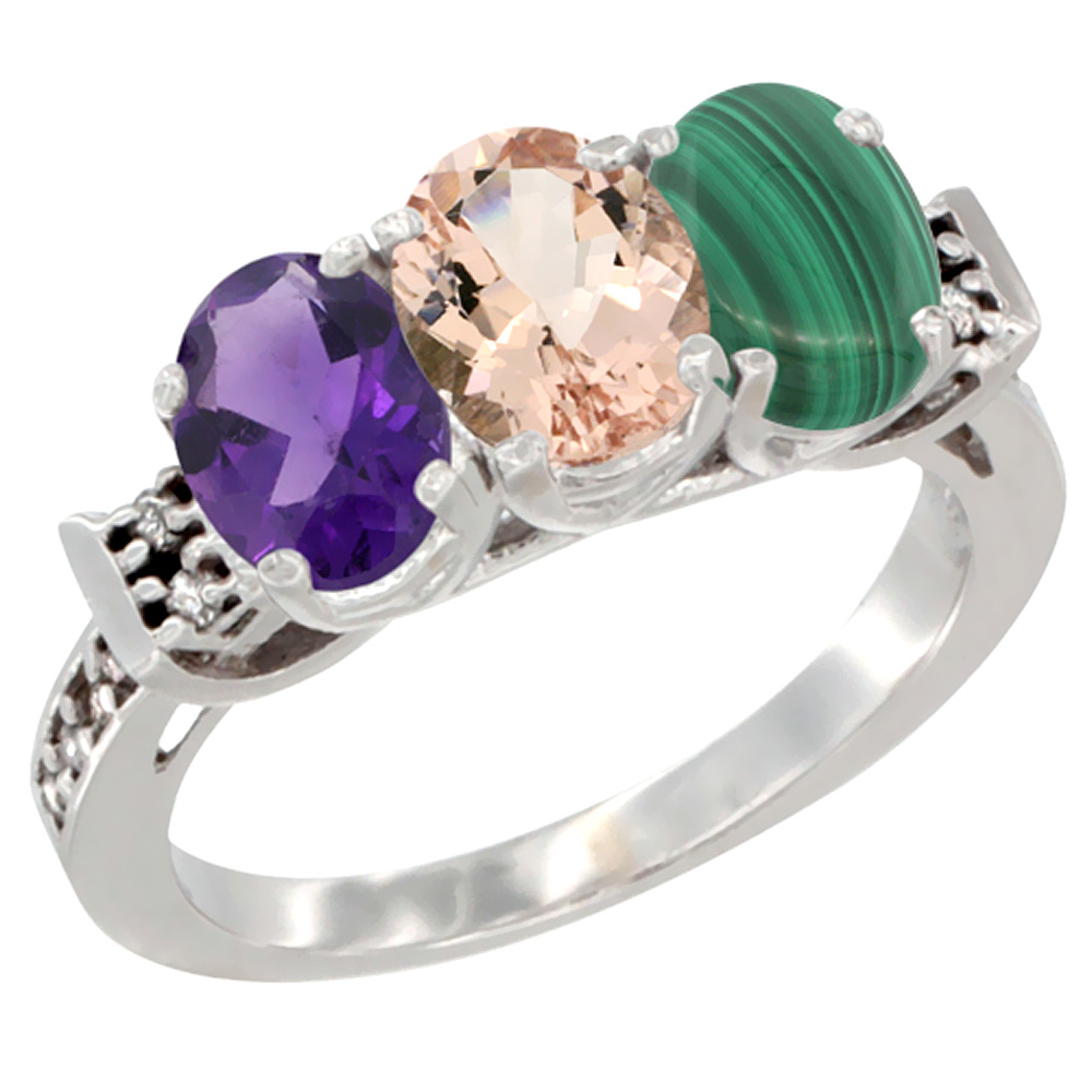 14K White Gold Natural Amethyst, Morganite & Malachite Ring 3-Stone 7x5 mm Oval Diamond Accent, sizes 5 - 10