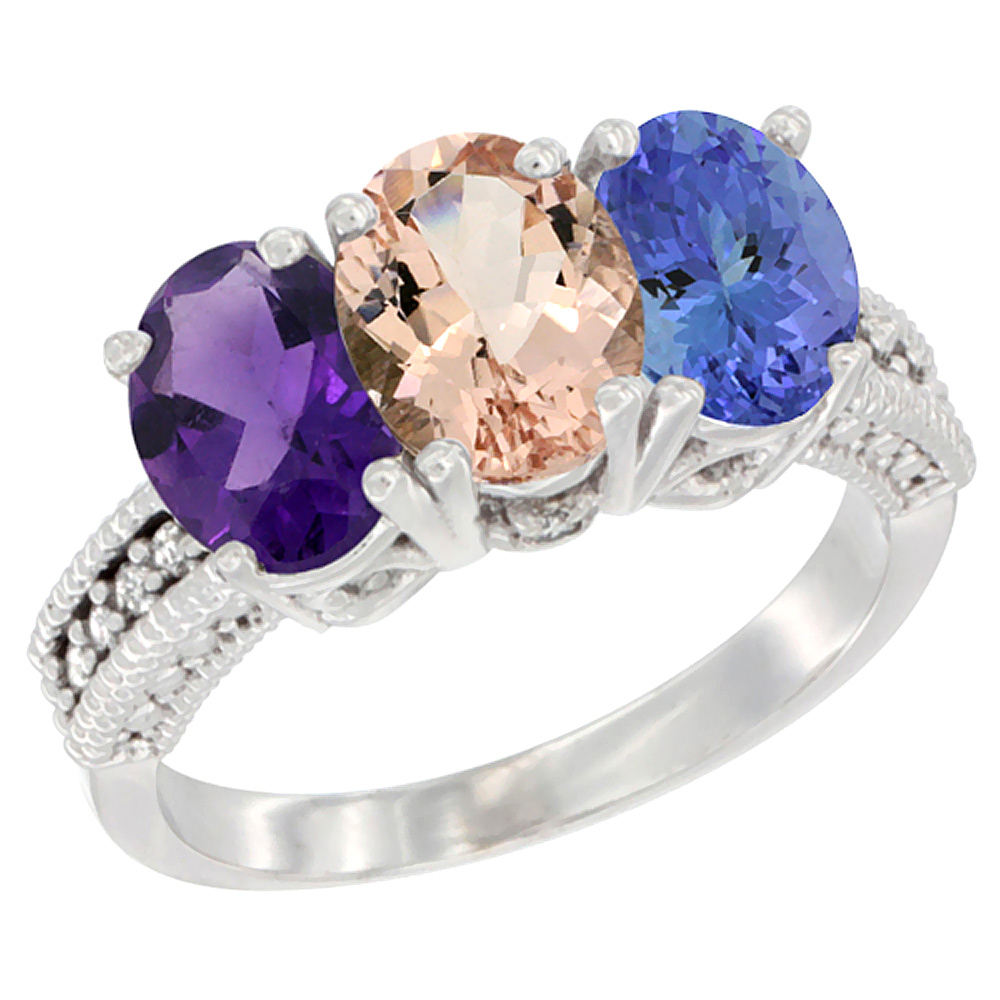 14K White Gold Natural Amethyst, Morganite &amp; Tanzanite Ring 3-Stone 7x5 mm Oval Diamond Accent, sizes 5 - 10