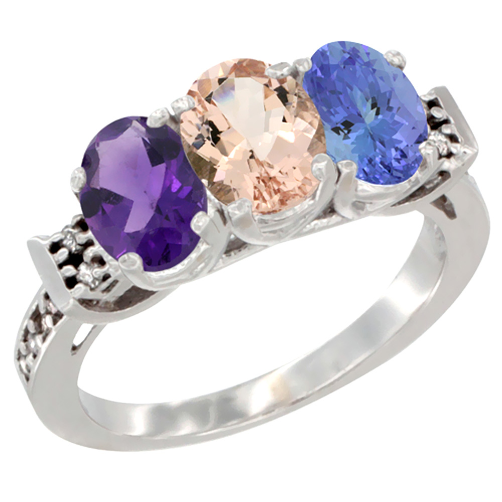 14K White Gold Natural Amethyst, Morganite & Tanzanite Ring 3-Stone 7x5 mm Oval Diamond Accent, sizes 5 - 10