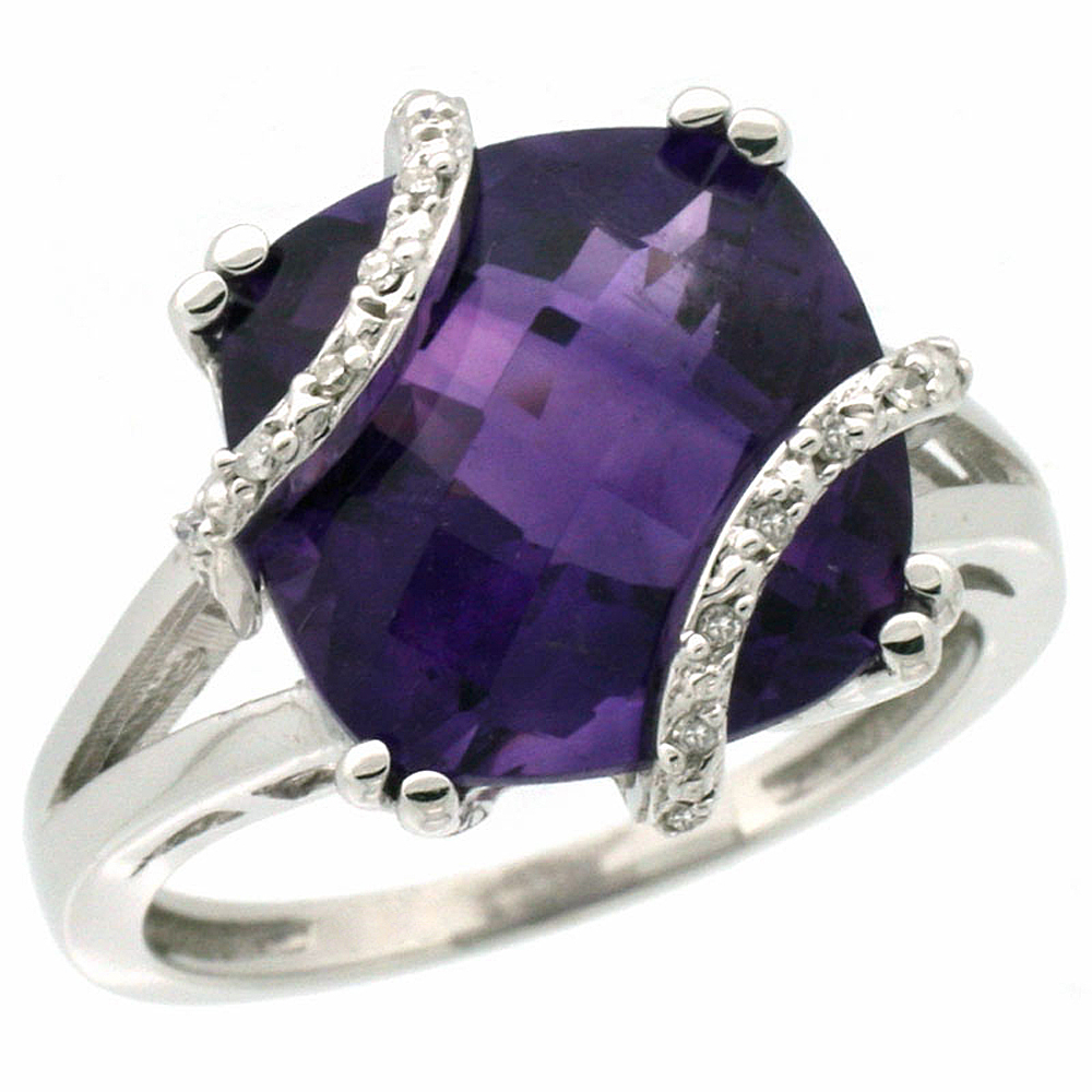 14K White Gold Natural Amethyst Ring Cushion-cut 12x12mm Diamond Accent, sizes 5-10