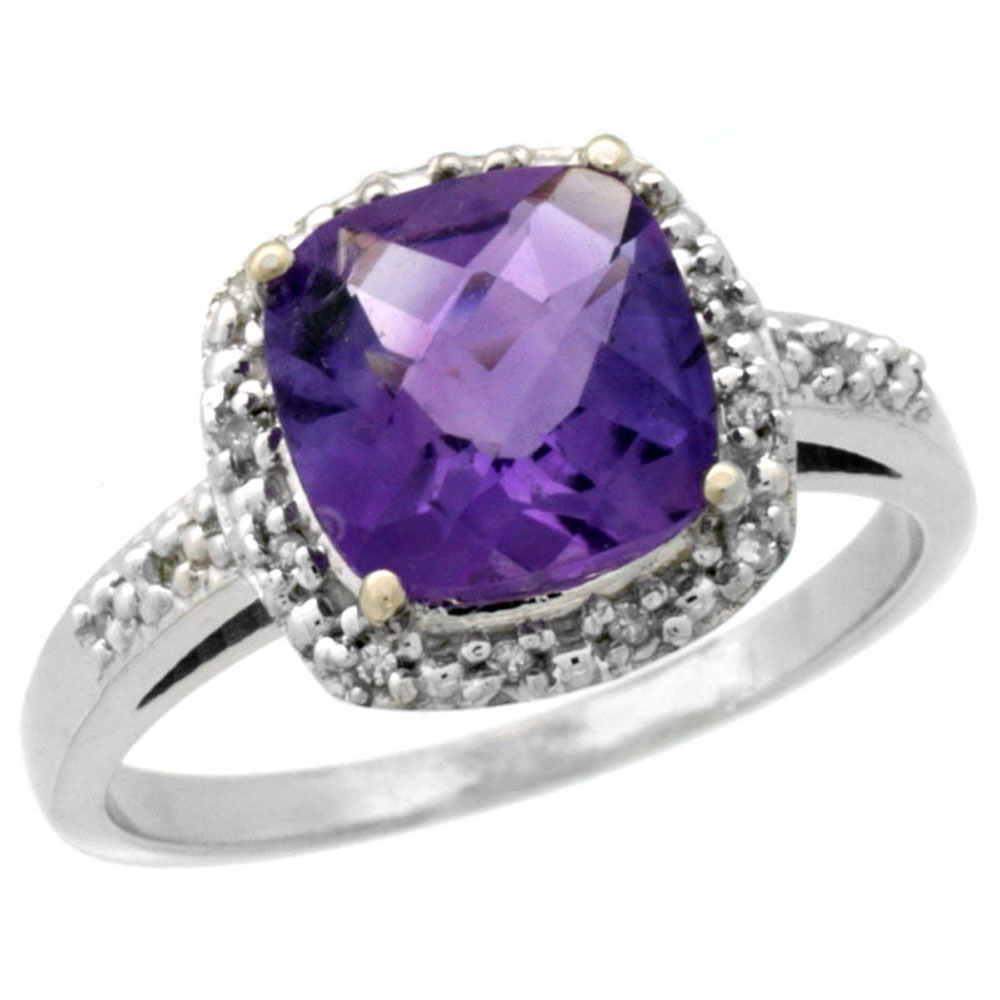 14K White Gold Diamond Natural Amethyst Ring Cushion-cut 8x8 mm, sizes 5-10