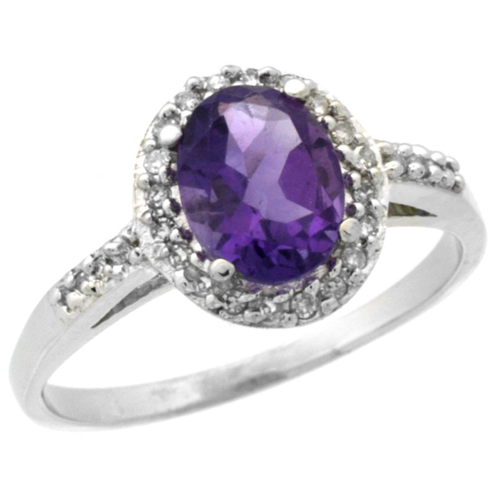 10K White Gold Diamond Genuine Amethyst Ring Oval 8x6mm sizes 5-10