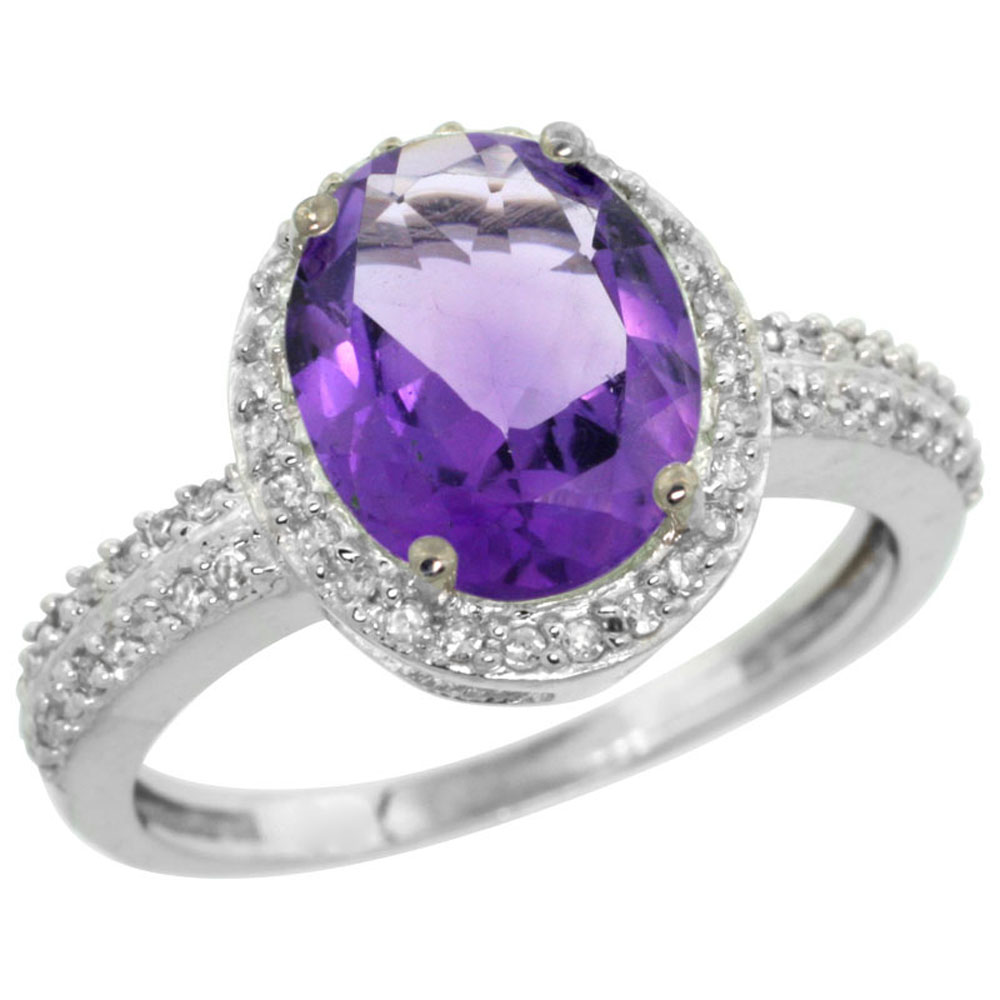 14K White Gold Diamond Natural Amethyst Engagement Ring Oval 10x8mm, sizes 5-10