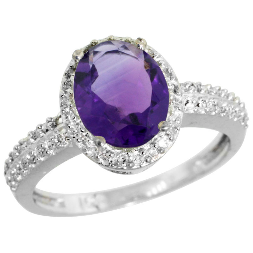 10K White Gold Diamond Genuine Amethyst Ring Oval 9x7mm sizes 5-10