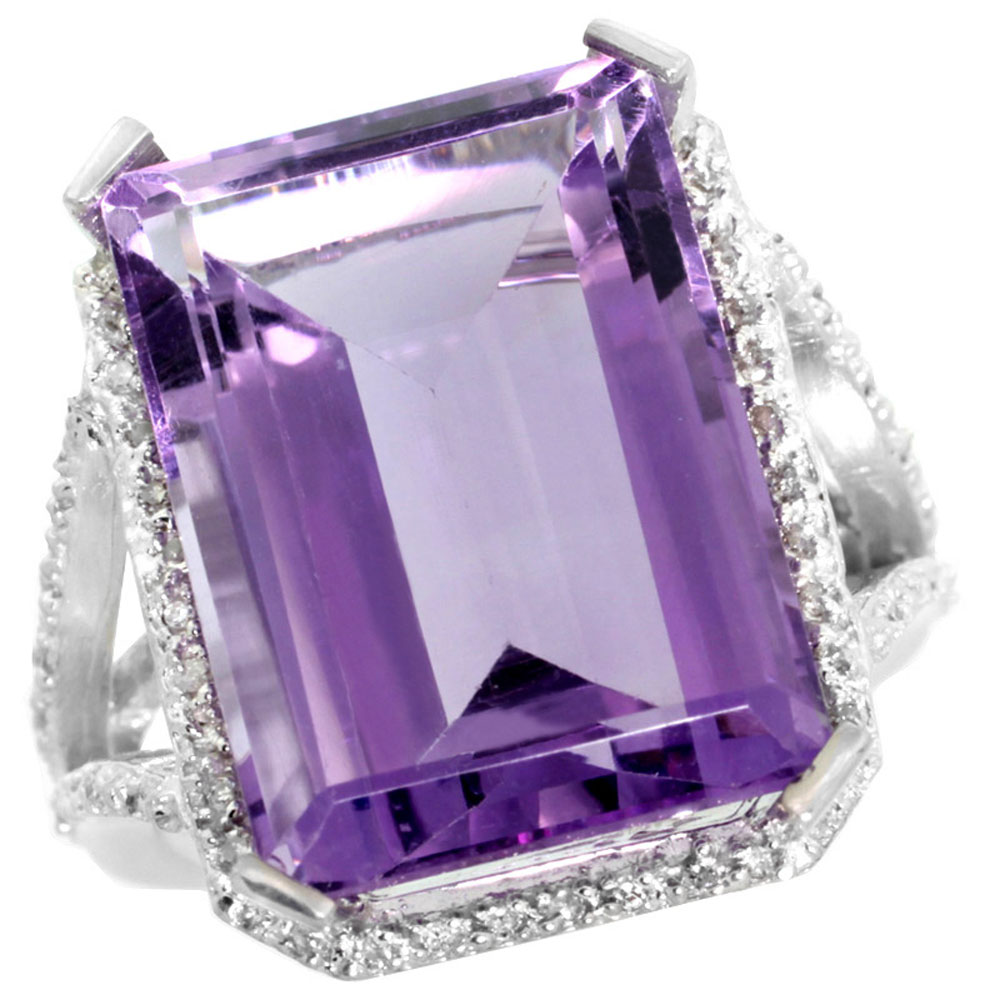 10K White Gold Genuine Diamond Amethyst Ring Emerald-cut 18x13mm sizes 5-10