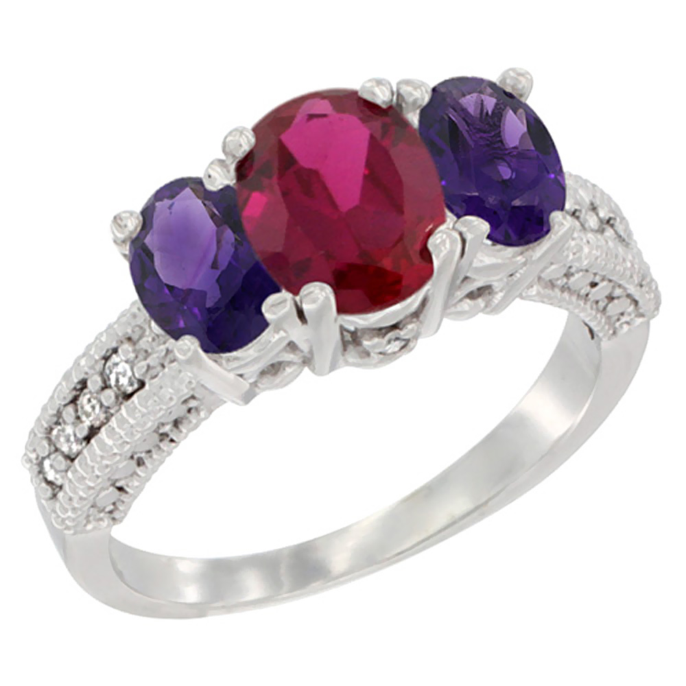 14K White Gold Diamond Quality Ruby 7x5mm & 6x4mm Amethyst Oval 3-stone Mothers Ring, size 5 - 10