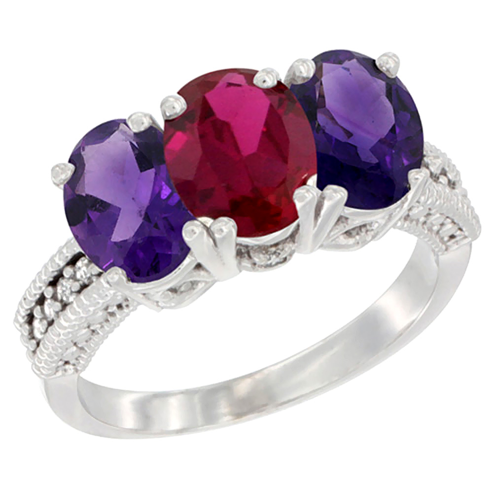 14K White Gold Enhanced Ruby &amp; Natural Amethyst Ring 3-Stone 7x5 mm Oval Diamond Accent, sizes 5 - 10