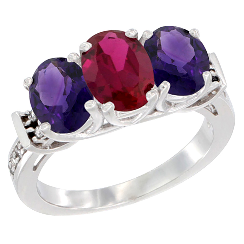 14K White Gold Enhanced Ruby & Amethyst Sides Ring 3-Stone Oval Diamond Accent, sizes 5 - 10