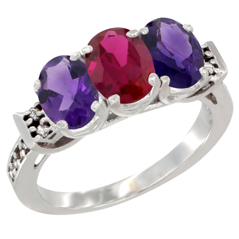 10K White Gold Natural Enhanced Ruby &amp; Natural Amethyst Sides Ring 3-Stone Oval 7x5 mm Diamond Accent, sizes 5 - 10